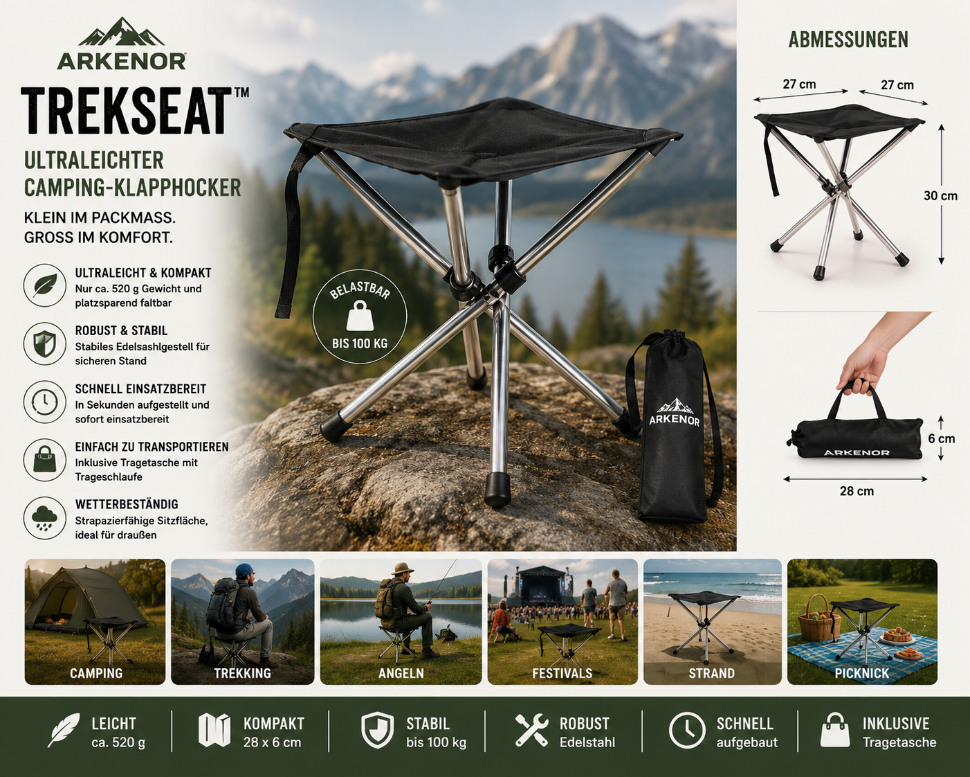 Arkenor TrekSeat™ – Ultraleichter Camping-Klapphocker