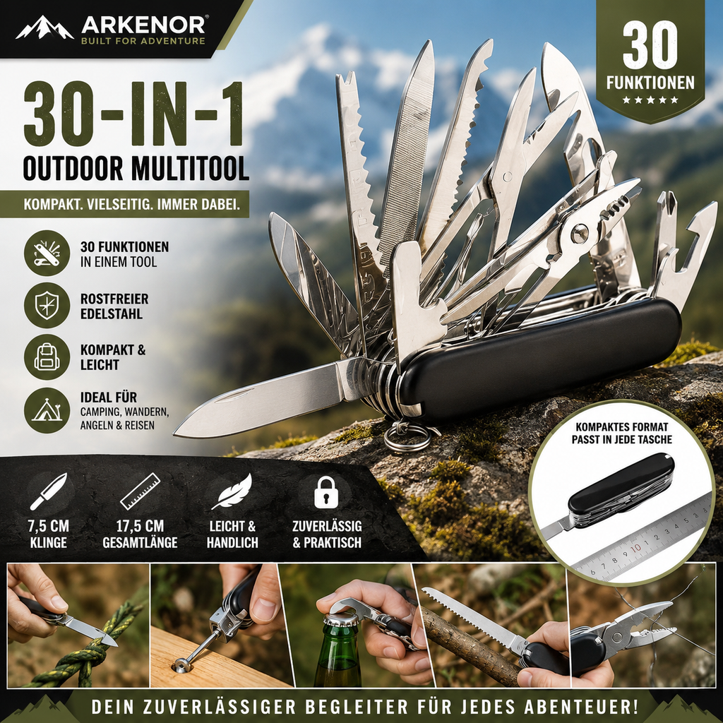 Arkenor 30-in-1 Outdoor Multitool – Kompaktes Edelstahl-Taschenwerkzeug für Camping & Alltag