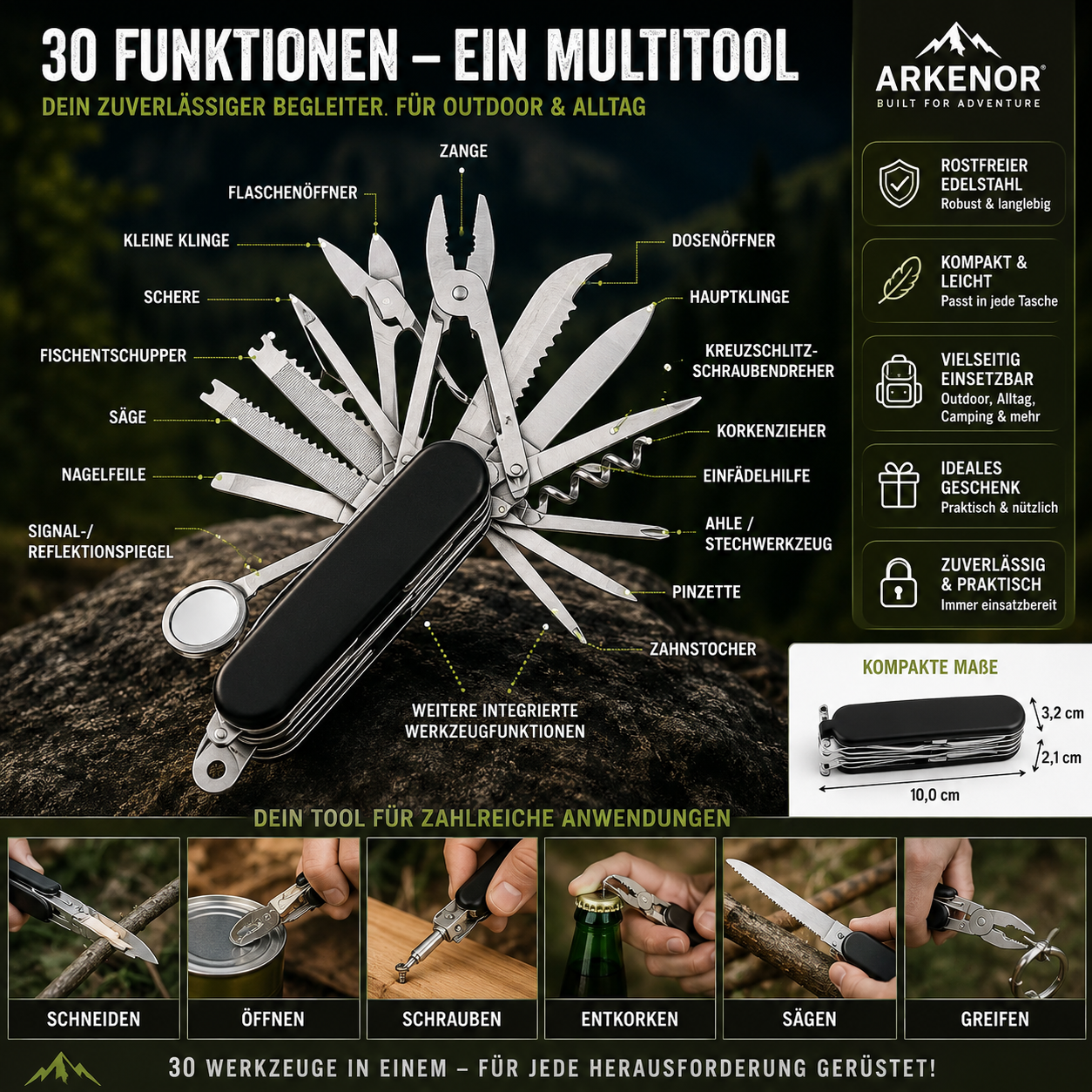 Arkenor 30-in-1 Outdoor Multitool – Kompaktes Edelstahl-Taschenwerkzeug für Camping & Alltag