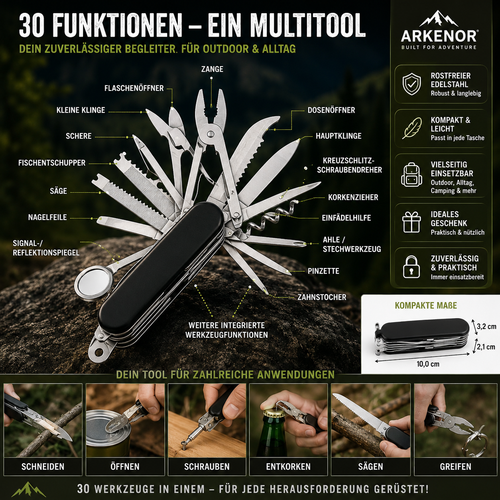 Arkenor 30-in-1 Outdoor Multitool – Kompaktes Edelstahl-Taschenwerkzeug für Camping & Alltag