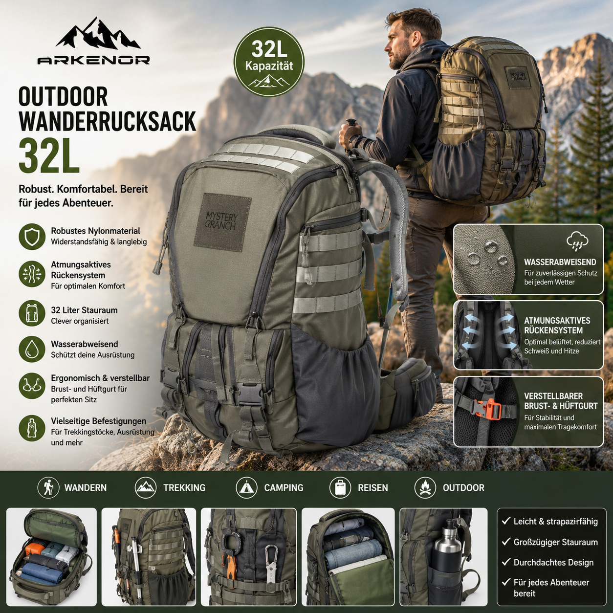 Arkenor Outdoor Wanderrucksack 32L – Robust, komfortabel und bereit für jedes Abenteuer
