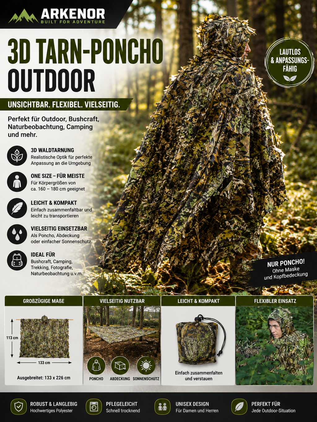 3D Tarn-Poncho Outdoor – Camouflage Tarnumhang für Bushcraft, Naturbeobachtung & Outdoor