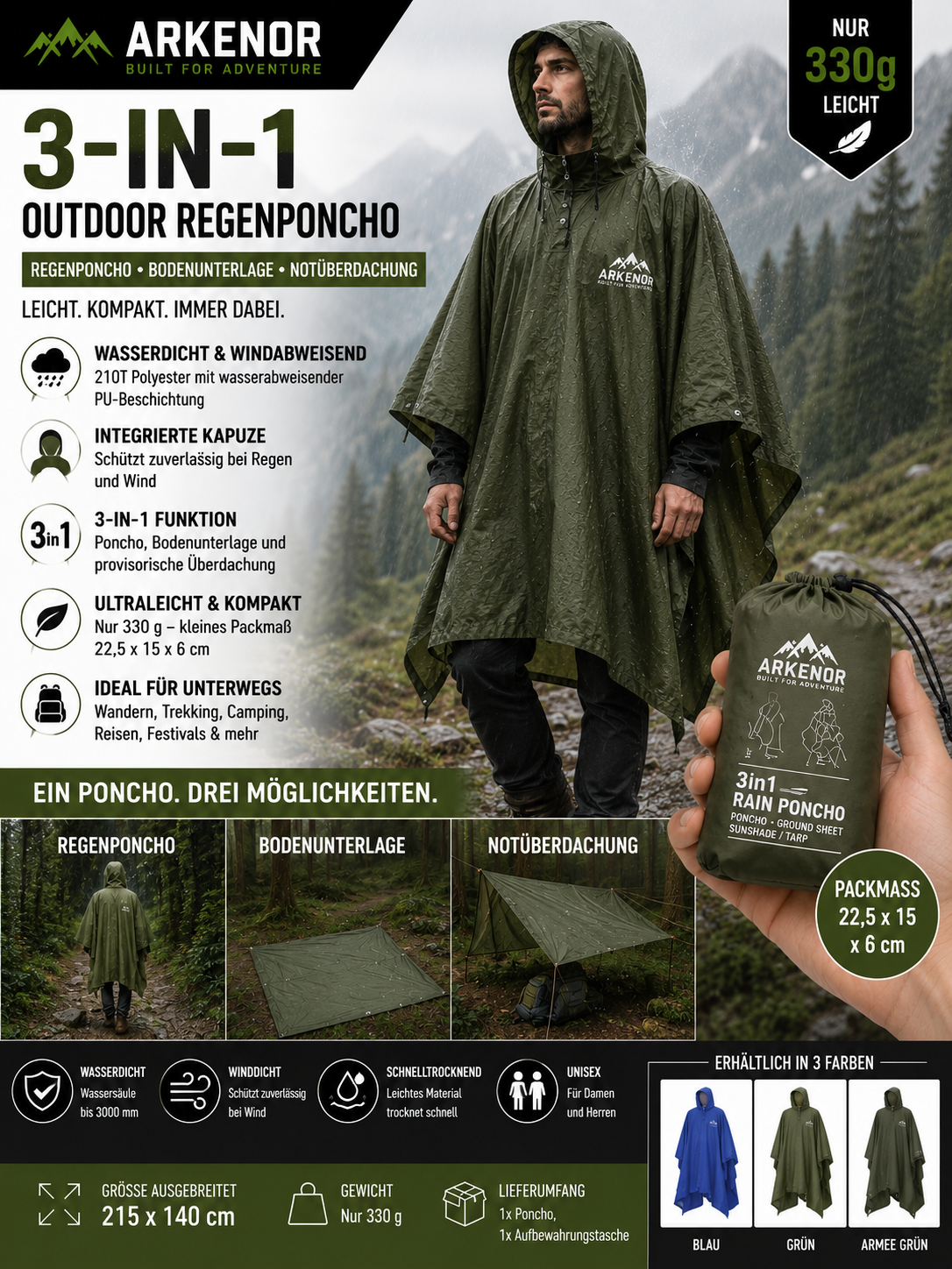 Arkenor StormCape™ 3-in-1 Outdoor-Regenponcho