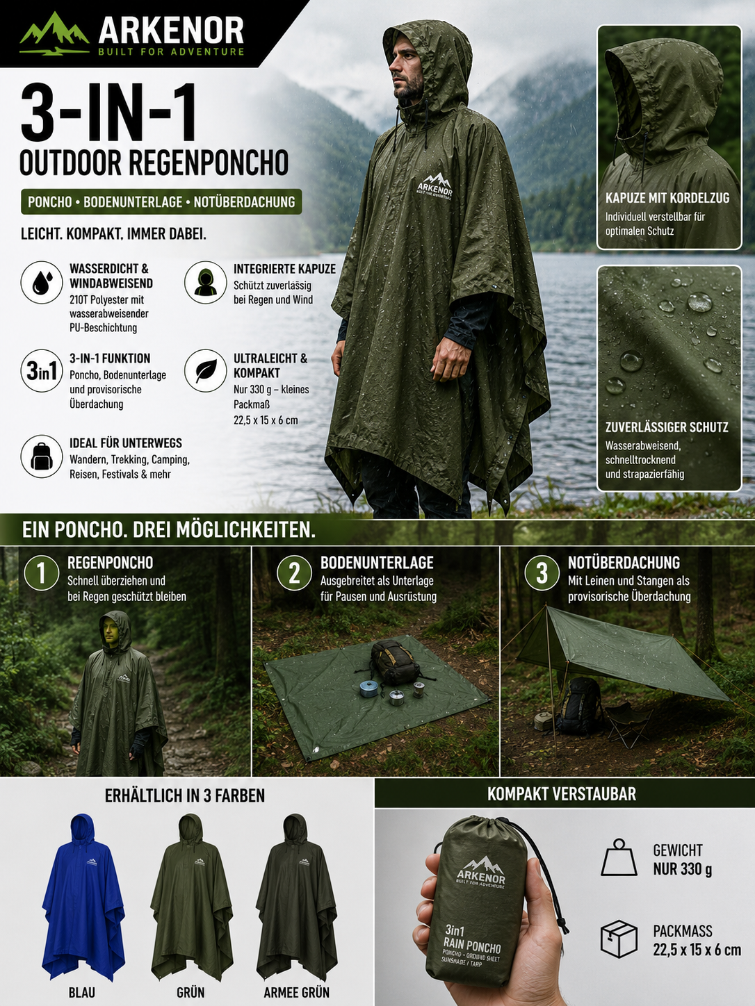 Arkenor StormCape™ 3-in-1 Outdoor-Regenponcho
