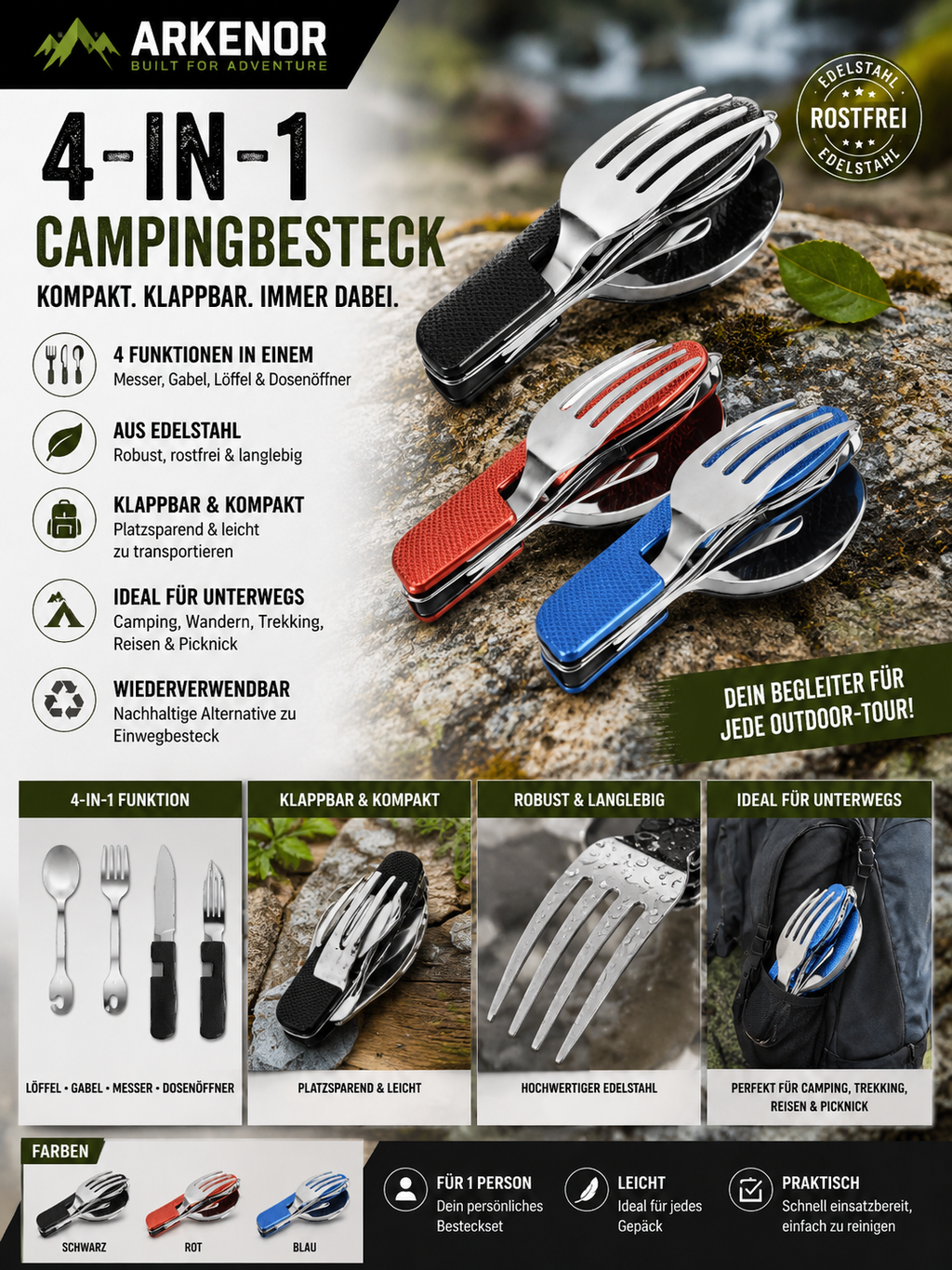 Multifunktionales Campingbesteck 4-in-1 – klappbares Outdoor-Besteck aus Edelstahl
