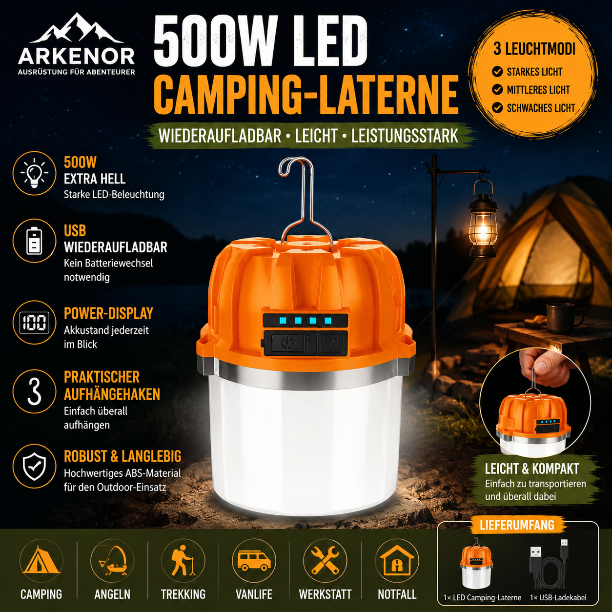 Arkenor 500W LED Camping-Laterne - Wiederaufladbare Outdoor-Leuchte