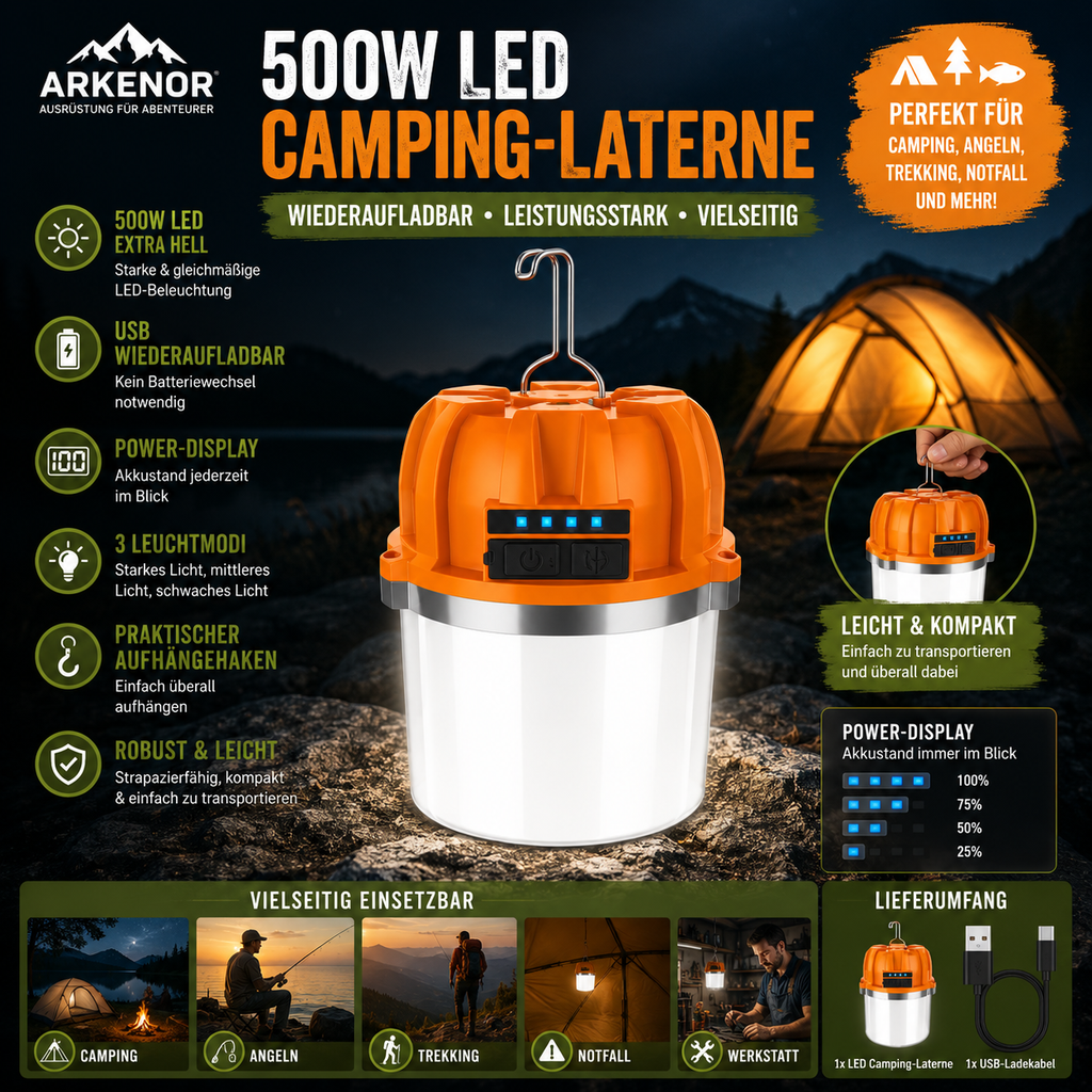 Arkenor 500W LED Camping-Laterne - Wiederaufladbare Outdoor-Leuchte