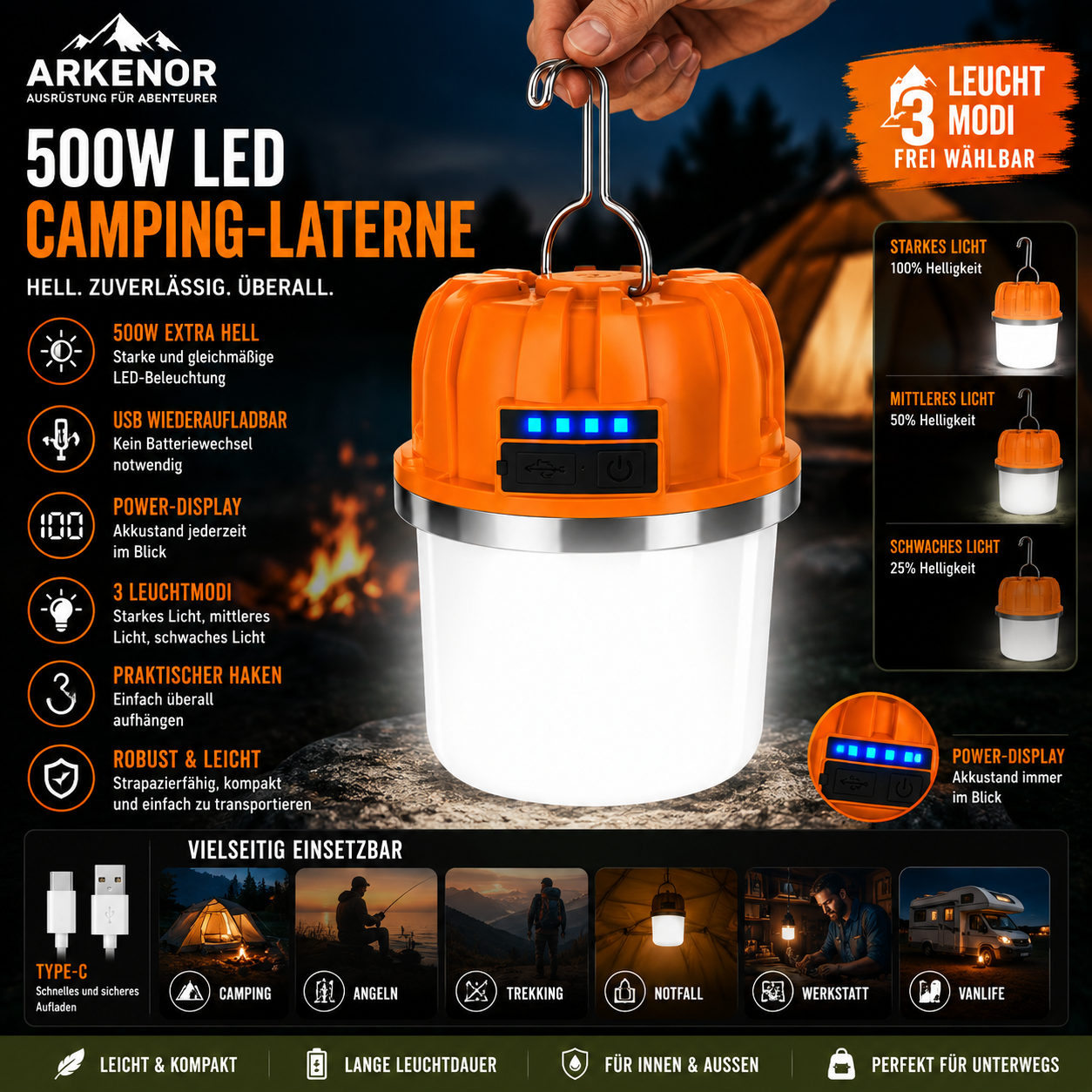 Arkenor 500W LED Camping-Laterne - Wiederaufladbare Outdoor-Leuchte