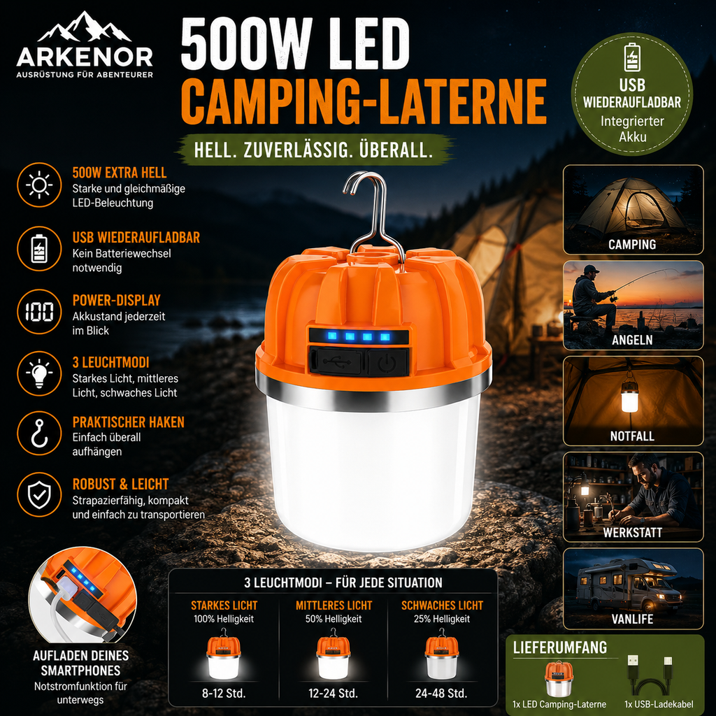Arkenor 500W LED Camping-Laterne - Wiederaufladbare Outdoor-Leuchte