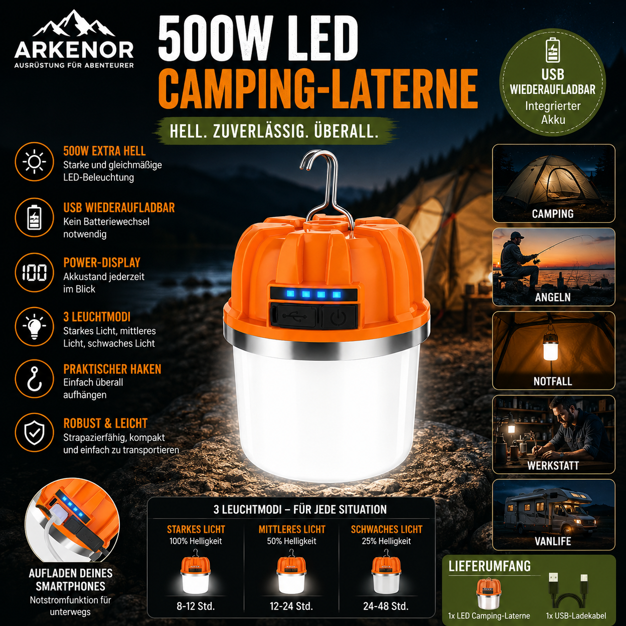 Arkenor 500W LED Camping-Laterne - Wiederaufladbare Outdoor-Leuchte
