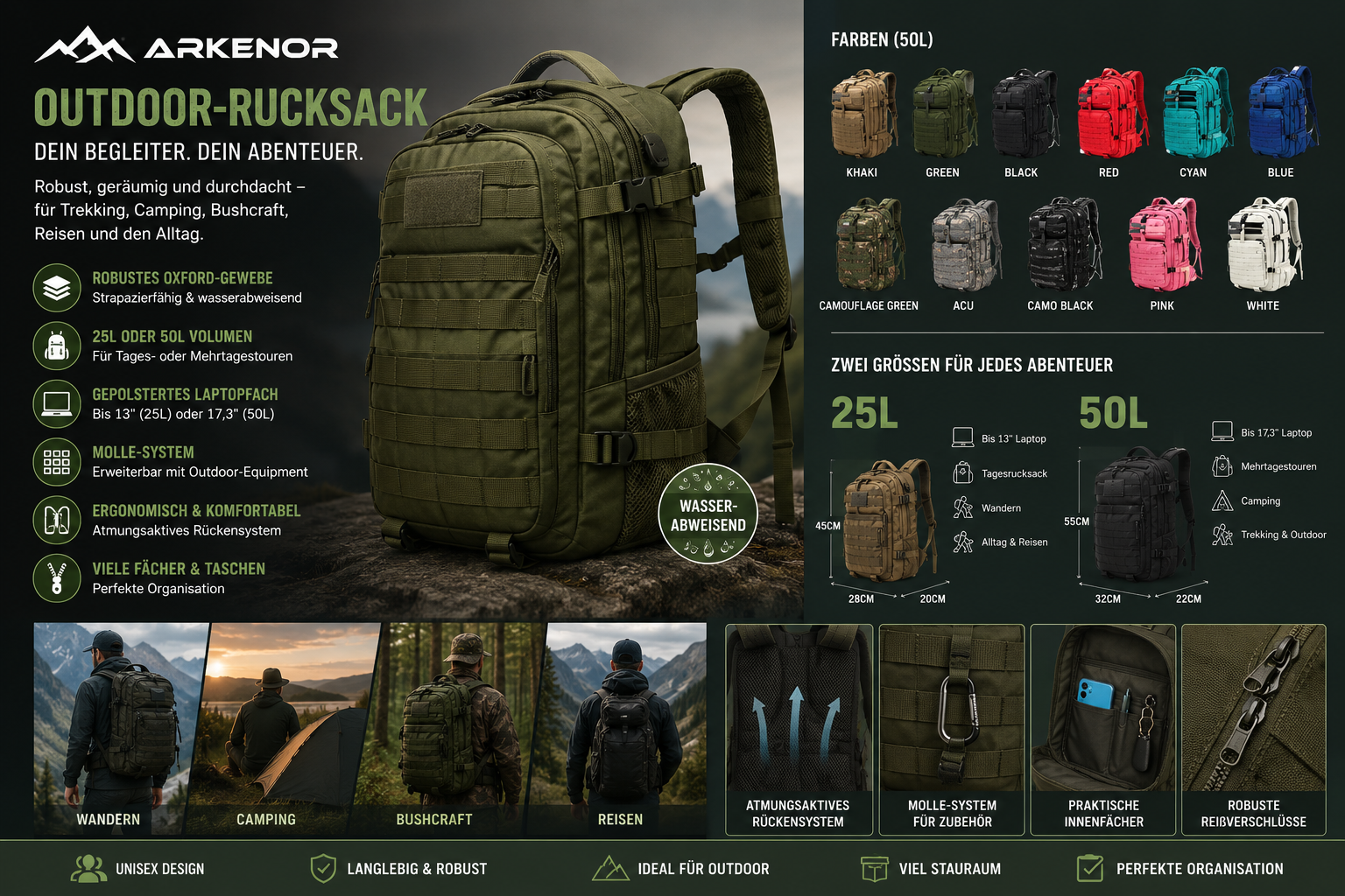 Outdoor-Rucksack 25L / 50L – Robuster Trekking- & Campingrucksack für Abenteuer