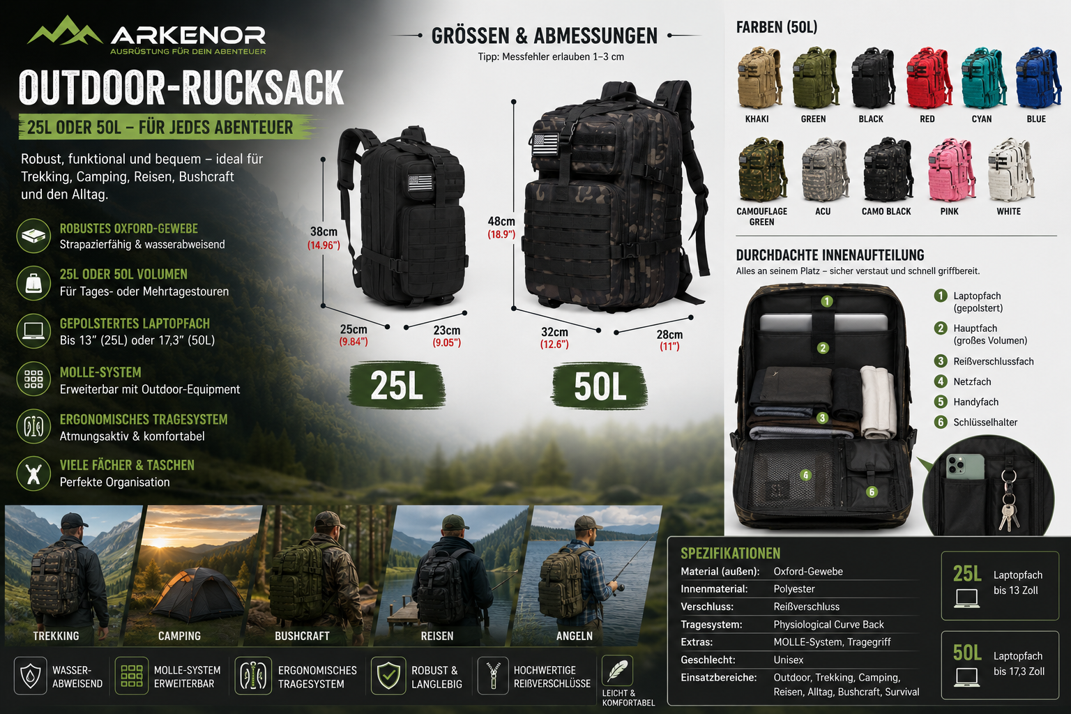 Outdoor-Rucksack 25L / 50L – Robuster Trekking- & Campingrucksack für Abenteuer