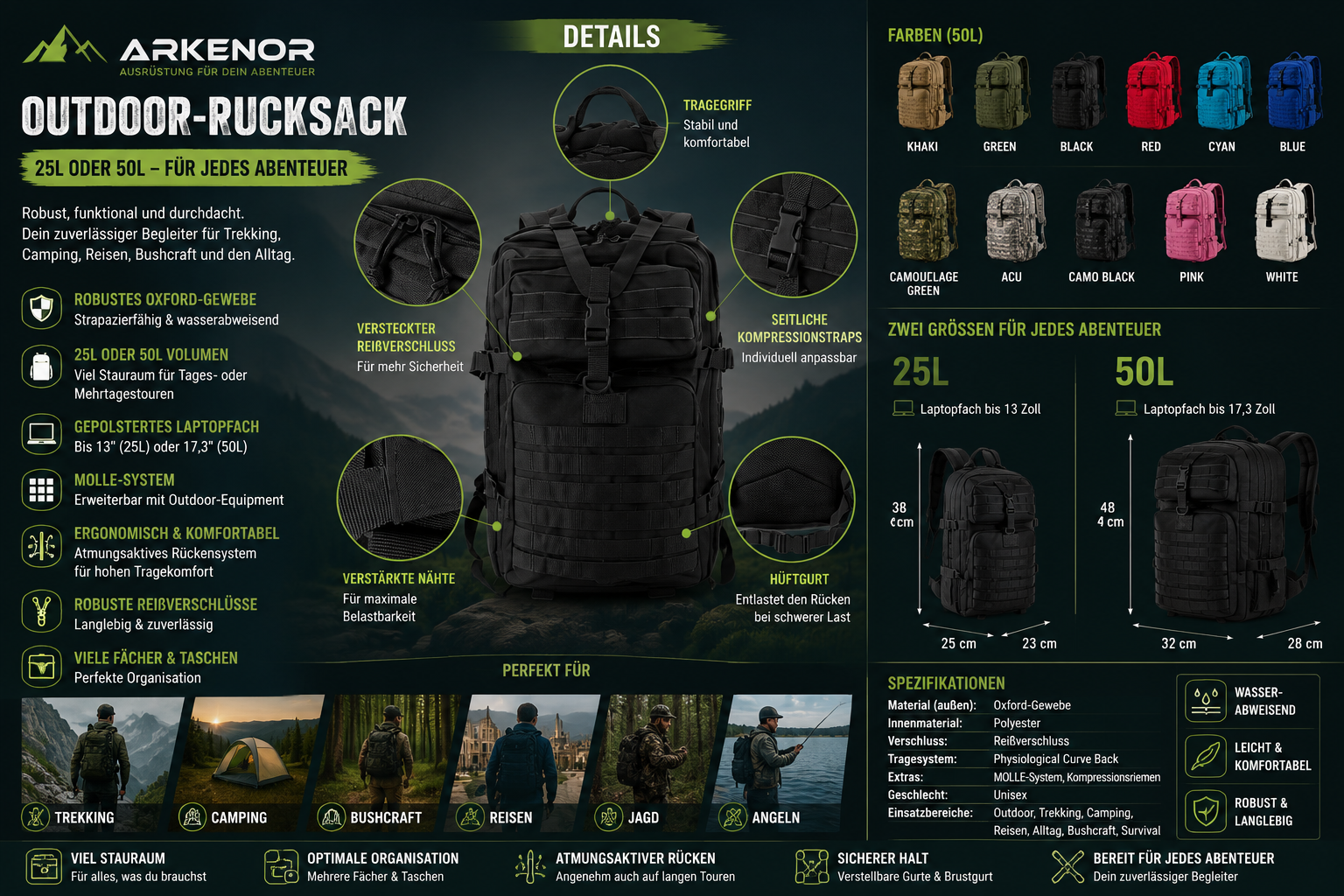 Outdoor-Rucksack 25L / 50L – Robuster Trekking- & Campingrucksack für Abenteuer
