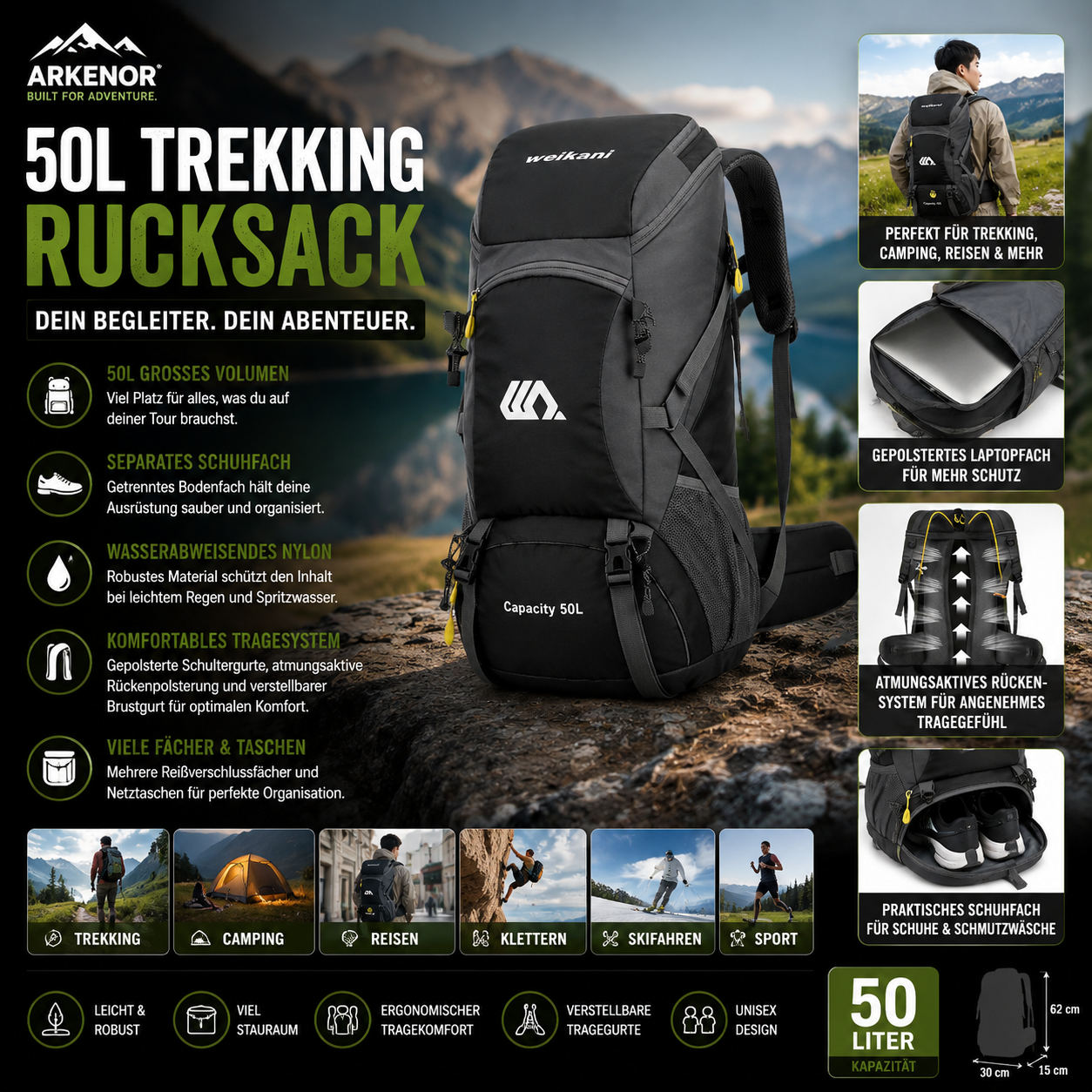 Arkenor 50L Trekking- & Reiserucksack