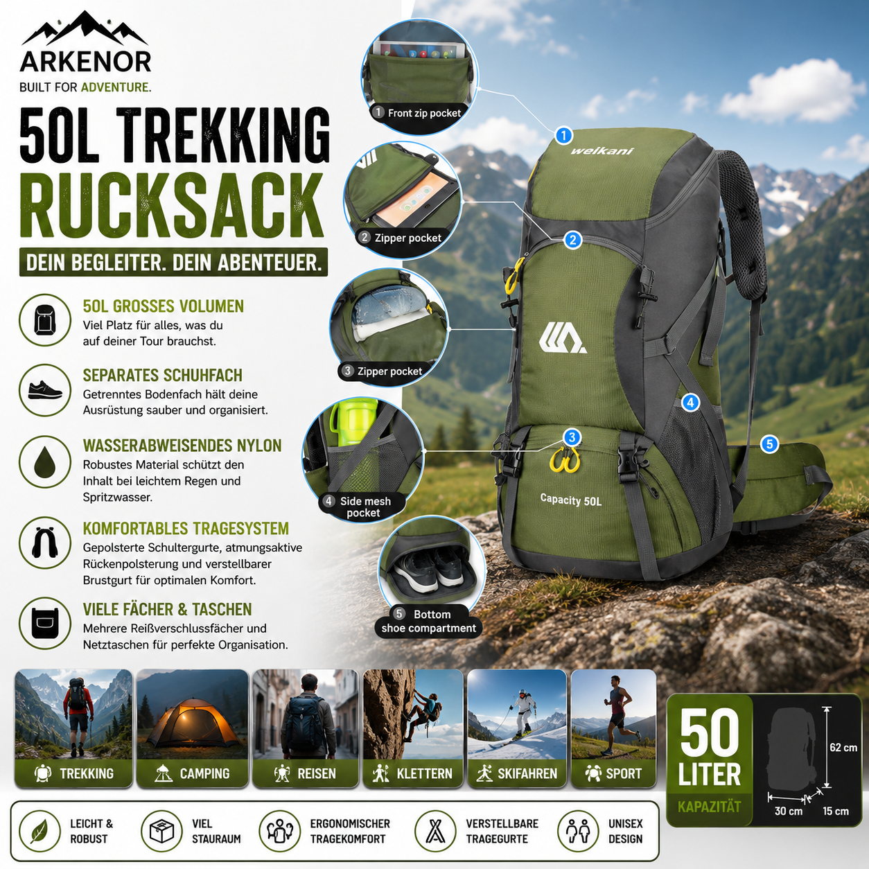 Arkenor 50L Trekking- & Reiserucksack