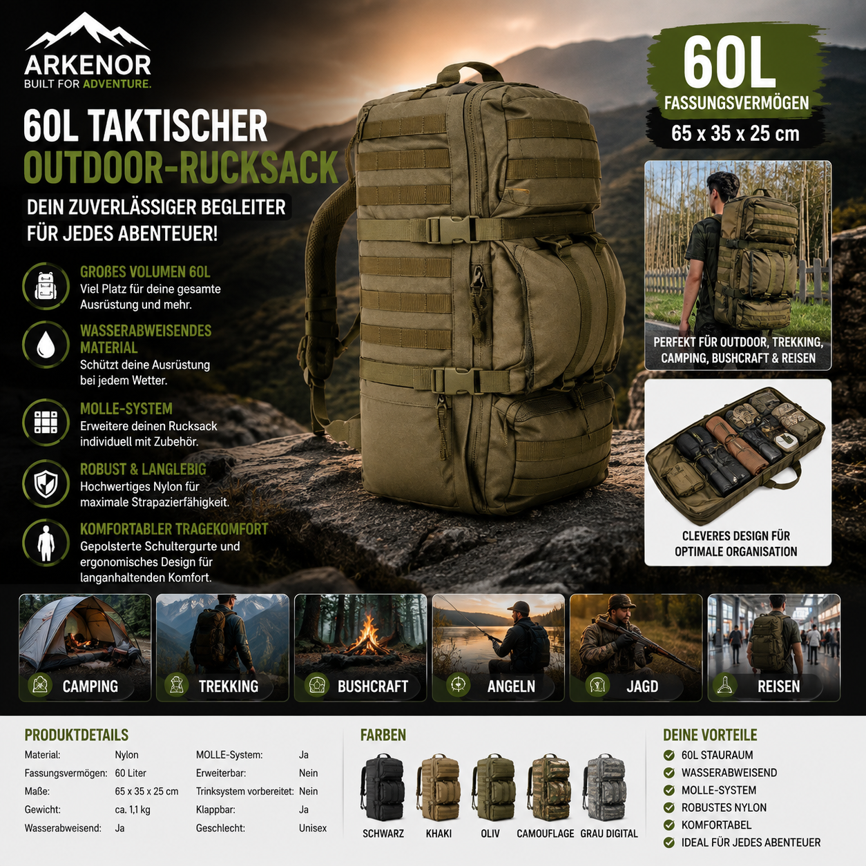 ARKENOR Taktischer Outdoor-Rucksack 60L – Robuster Begleiter für jedes Abenteuer