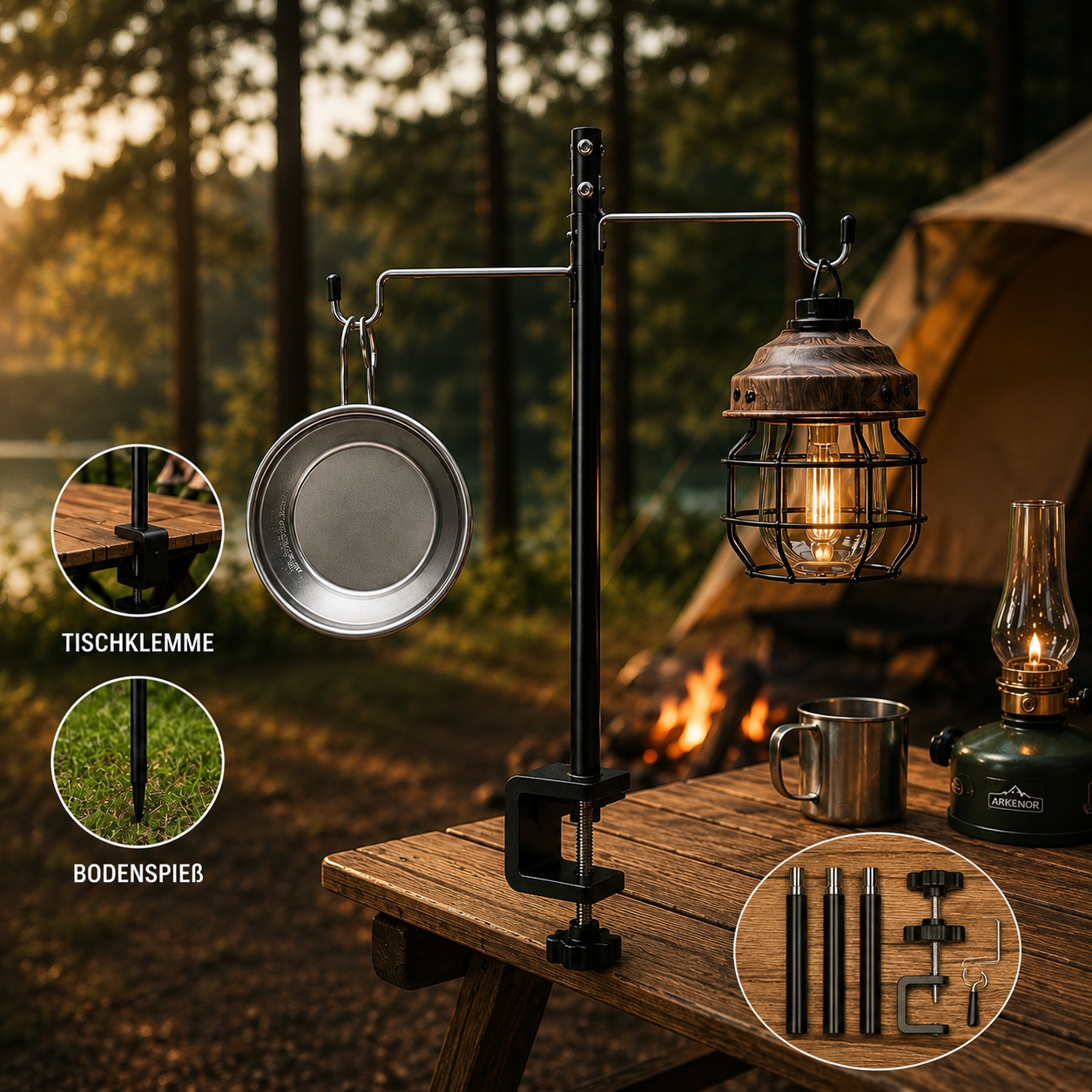 Arkenor Camping Lamp Stand - Foldable Lantern Holder with Table Clamp