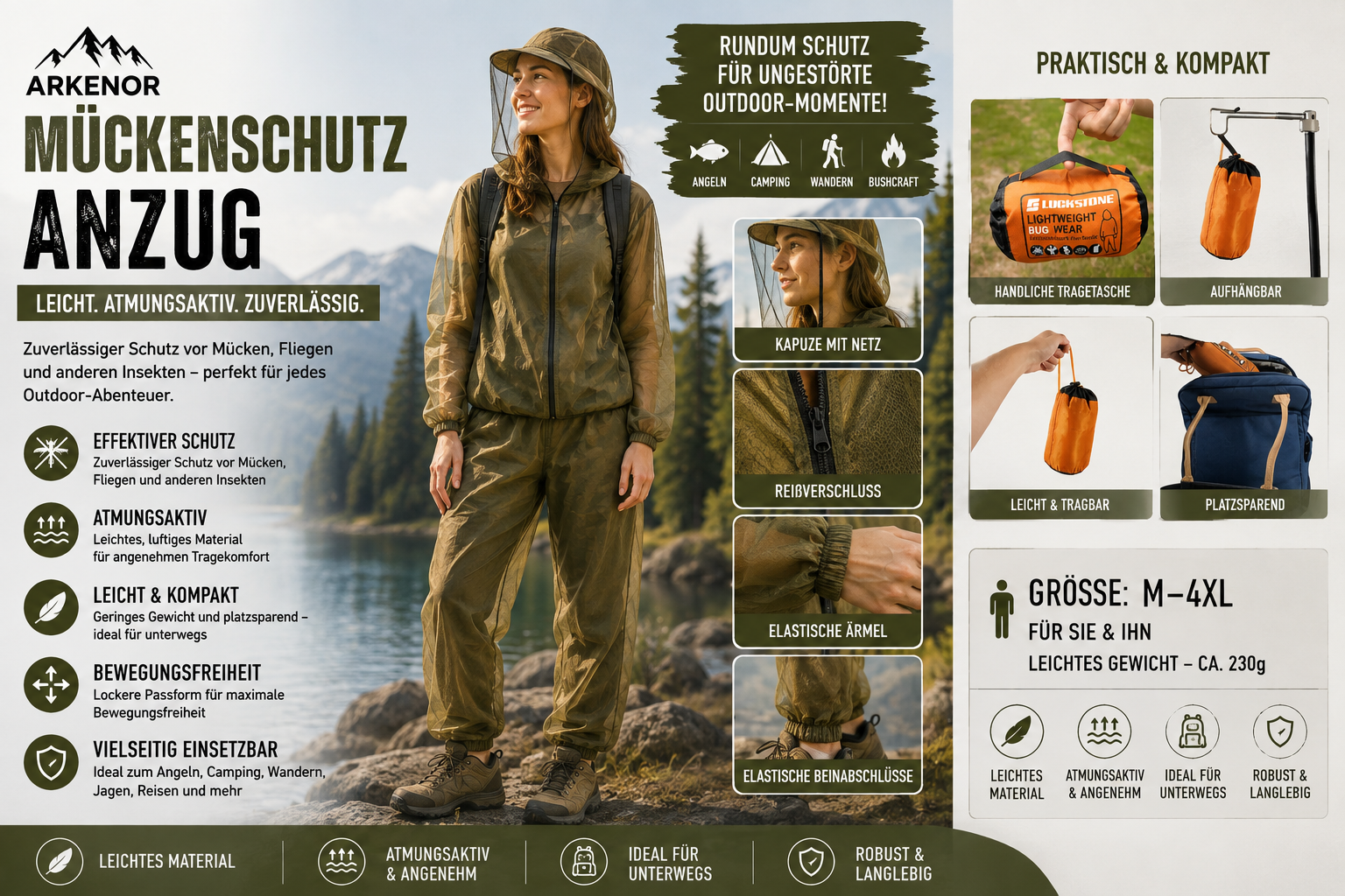 Arkenor Outdoor-Mückenschutzanzug – Atmungsaktive Schutzkleidung für Angeln, Camping & Bushcraft