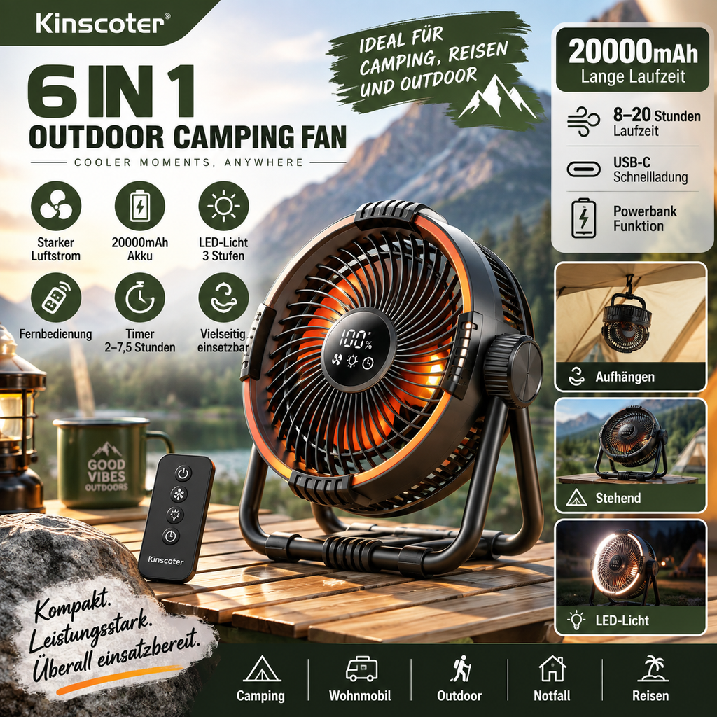 Kinscoter M65 6-in-1 Campingventilator – Akku-Ventilator mit LED-Licht