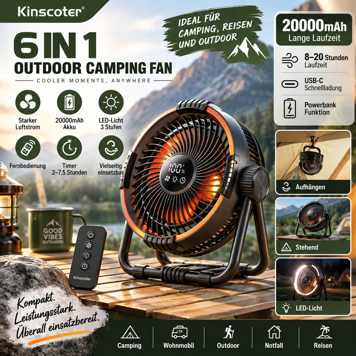 Kinscoter M65 6-in-1 Campingventilator – Akku-Ventilator mit LED-Licht