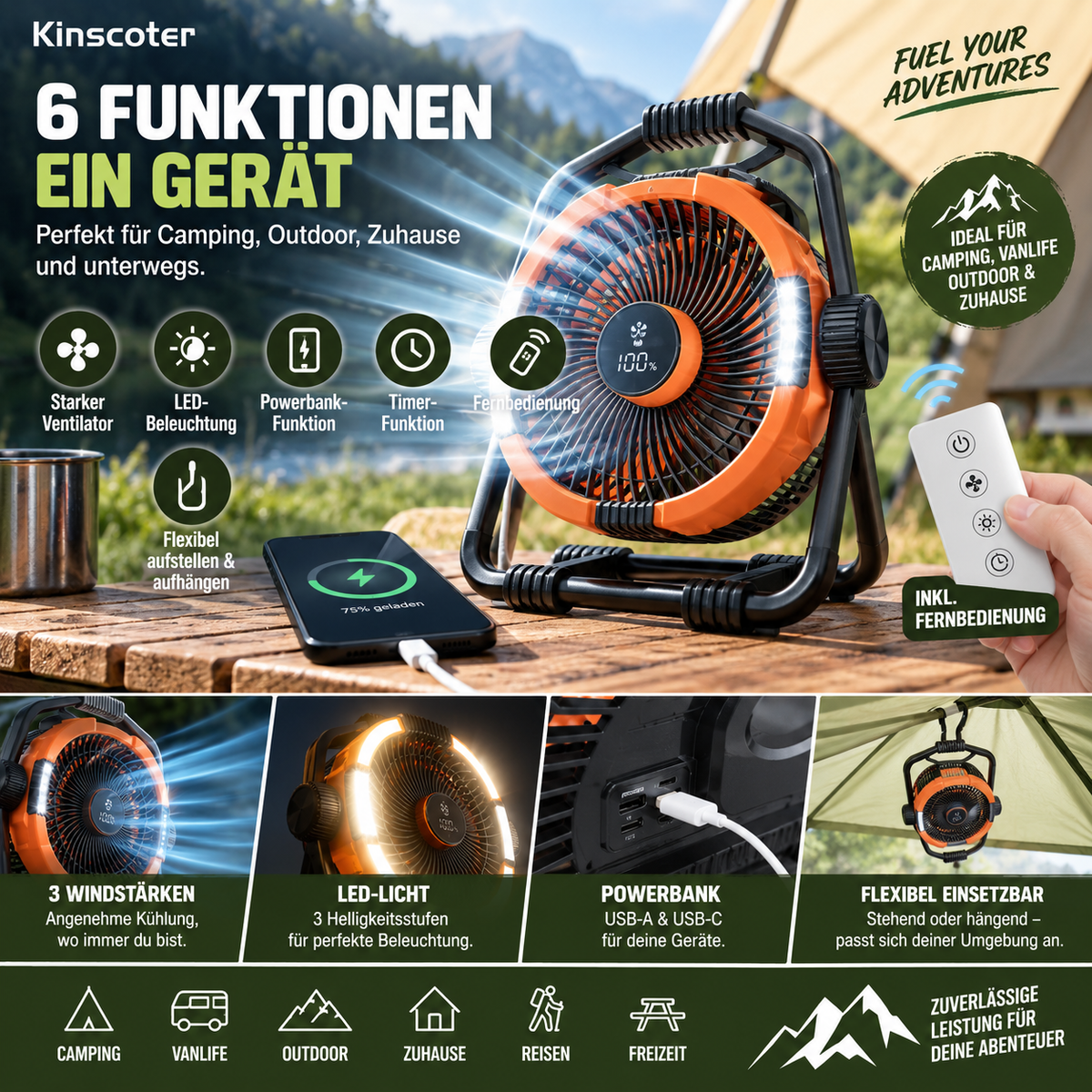 Kinscoter M65 6-in-1 Campingventilator – Akku-Ventilator mit LED-Licht