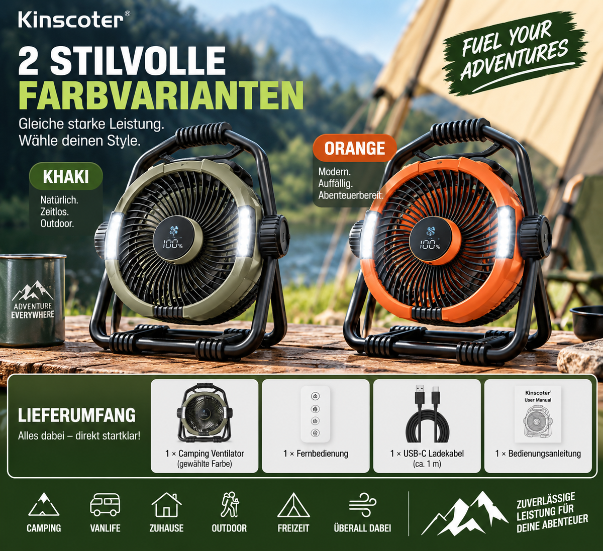 Kinscoter M65 6-in-1 Campingventilator – Akku-Ventilator mit LED-Licht