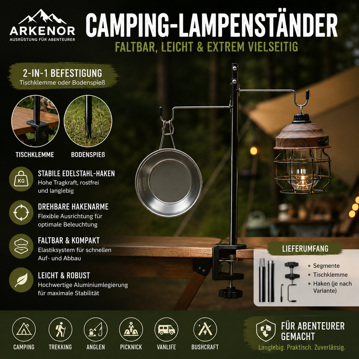 Arkenor Camping-Lampenständer – Faltbarer Laternenhalter mit Tischklemme