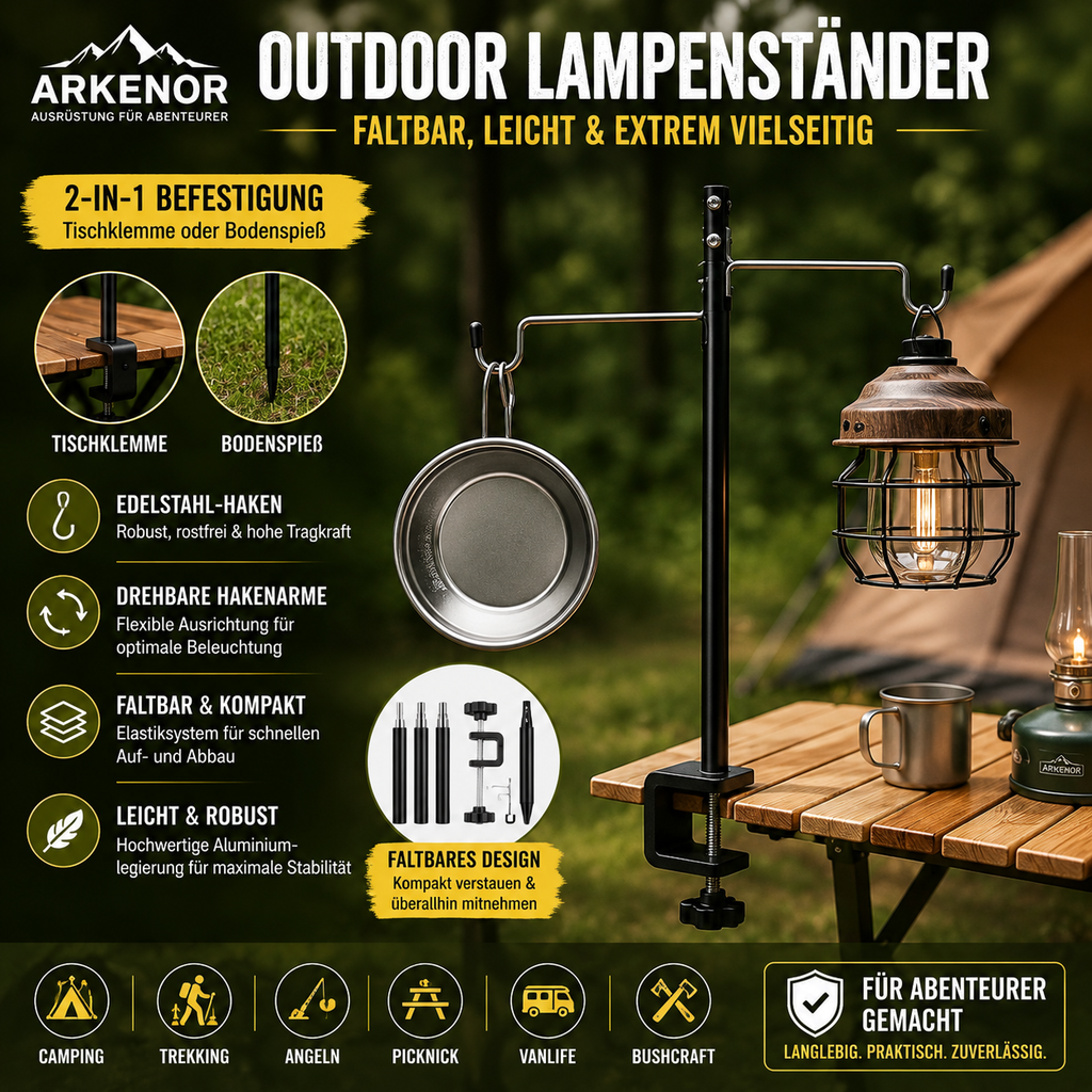 Arkenor Camping-Lampenständer – Faltbarer Laternenhalter mit Tischklemme
