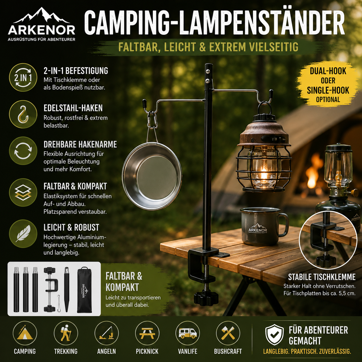 Arkenor Camping-Lampenständer – Faltbarer Laternenhalter mit Tischklemme