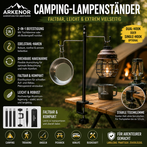 Arkenor Camping-Lampenständer – Faltbarer Laternenhalter mit Tischklemme