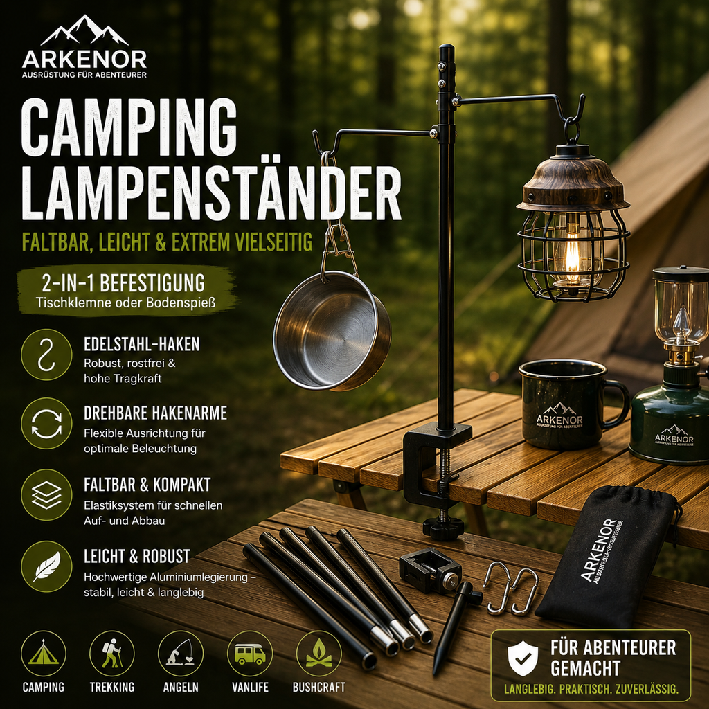 Arkenor Camping-Lampenständer – Faltbarer Laternenhalter mit Tischklemme
