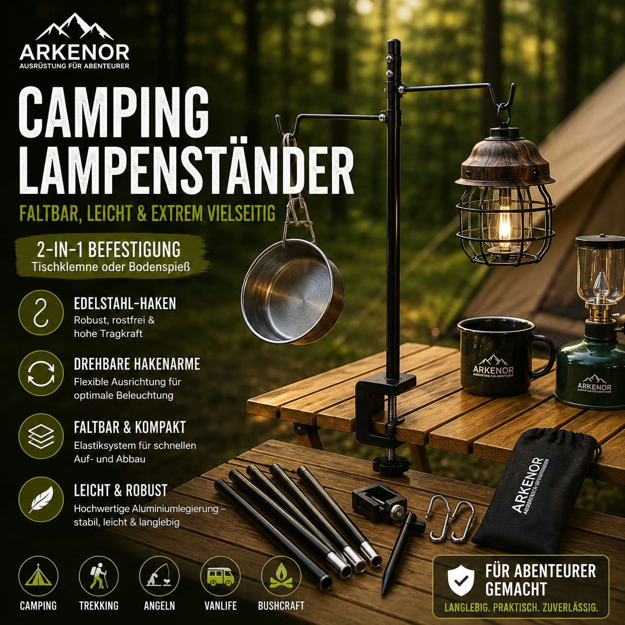 Arkenor Camping-Lampenständer – Faltbarer Laternenhalter mit Tischklemme
