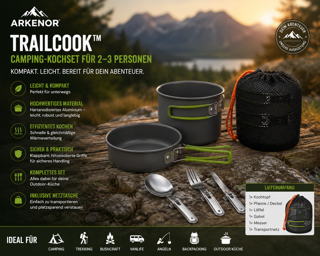 Arkenor TrailCook™ – Camping-Kochset für 2–3 Personen