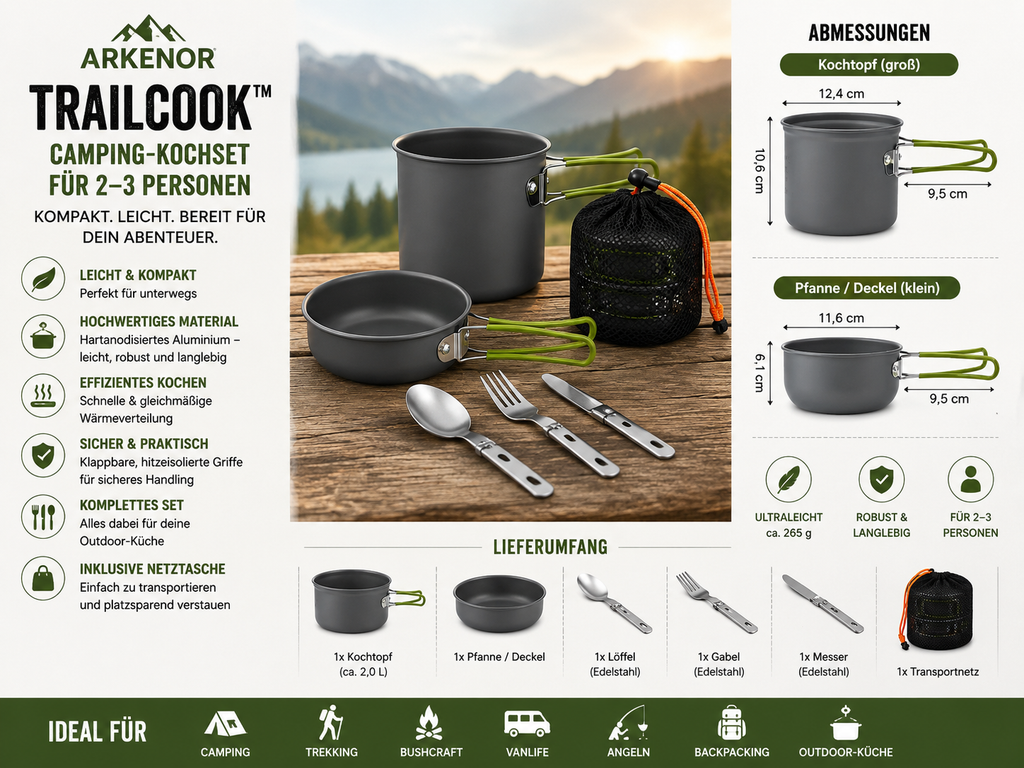 Arkenor TrailCook™ – Camping-Kochset für 2–3 Personen