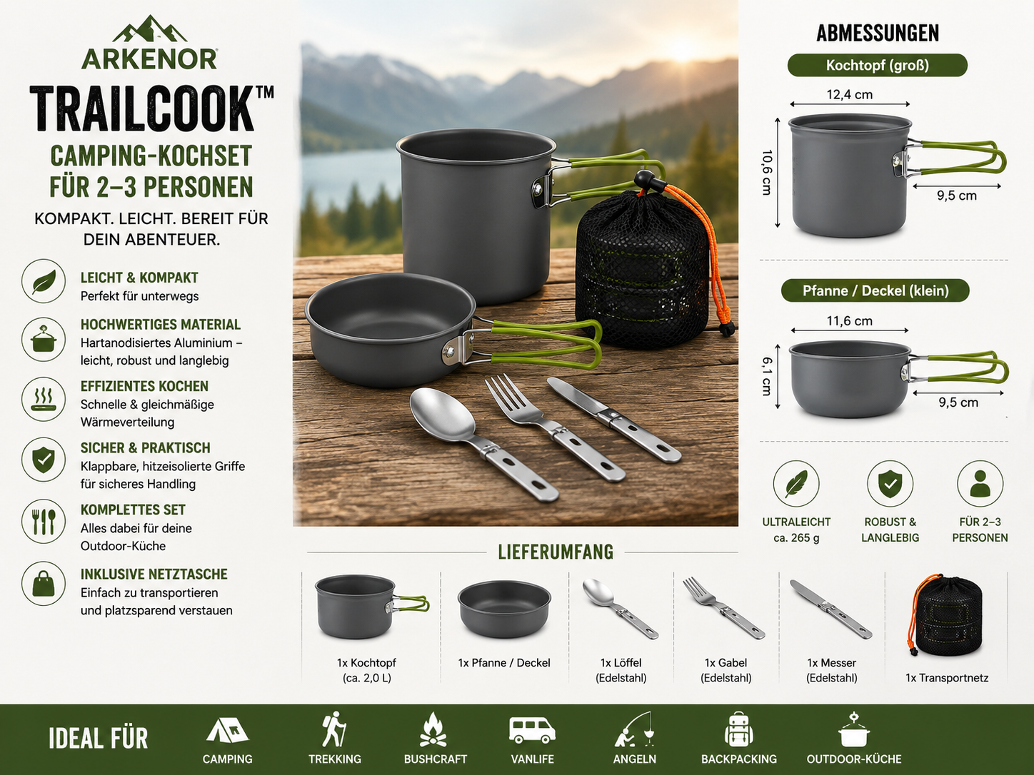 Arkenor TrailCook™ – Camping-Kochset für 2–3 Personen