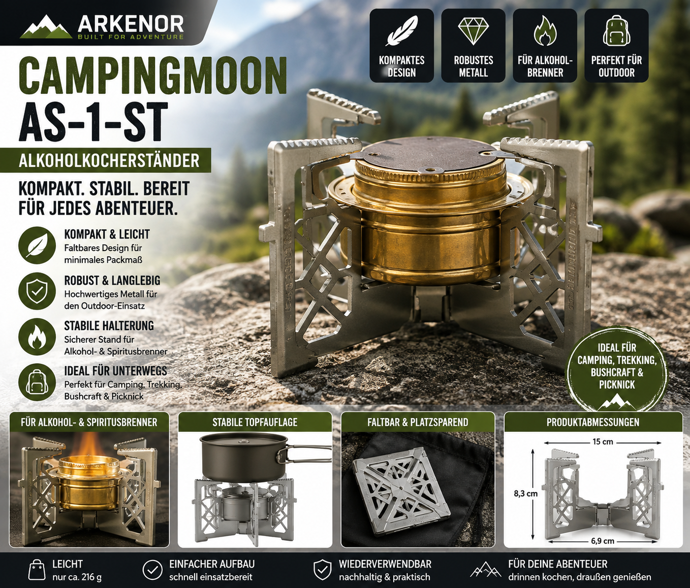 ARKENOR Campingmoon AS-1-ST Alkoholkocherständer – kompakt, robust & ideal für unterwegs