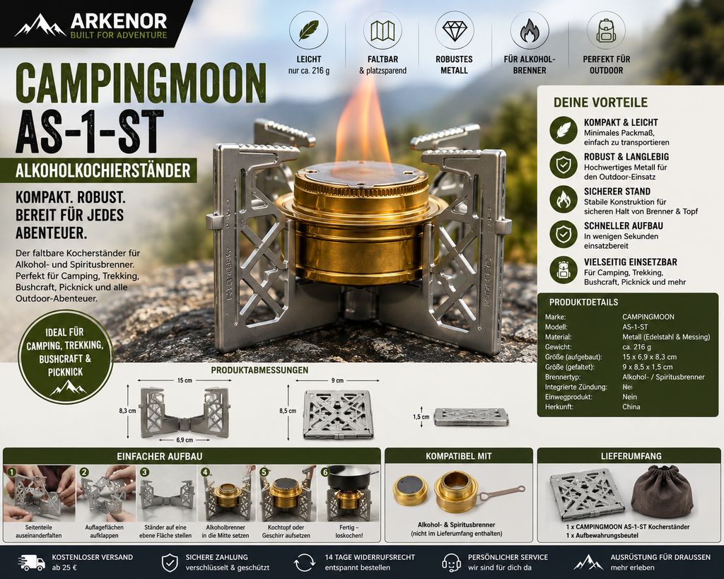 ARKENOR Campingmoon AS-1-ST Alkoholkocherständer – kompakt, robust & ideal für unterwegs
