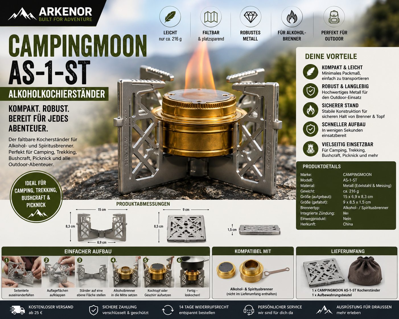 ARKENOR Campingmoon AS-1-ST Alkoholkocherständer – kompakt, robust & ideal für unterwegs