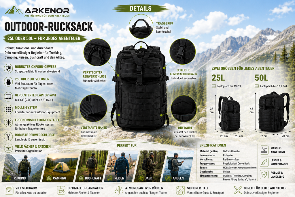 Outdoor-Rucksack 25L / 50L – Robuster Trekking- & Campingrucksack für Abenteuer