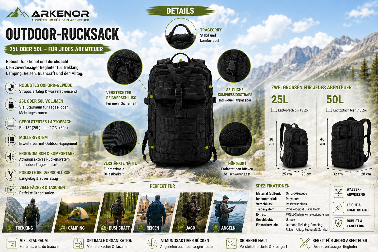 Outdoor-Rucksack 25L / 50L – Robuster Trekking- & Campingrucksack für Abenteuer