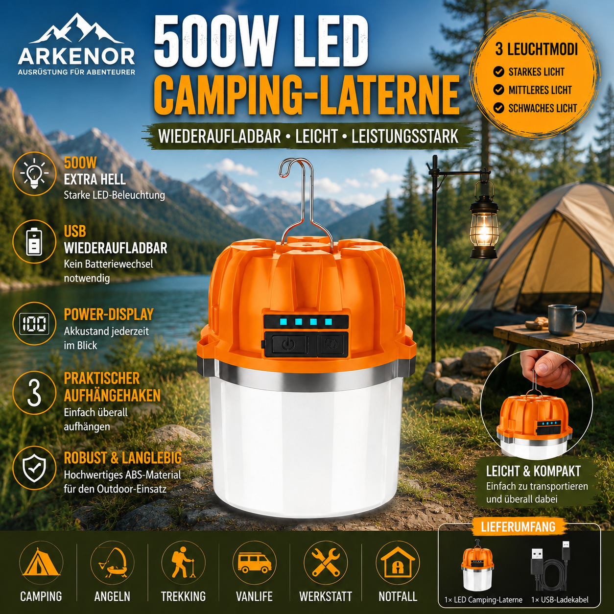 Arkenor 500W LED Camping-Laterne - Wiederaufladbare Outdoor-Leuchte