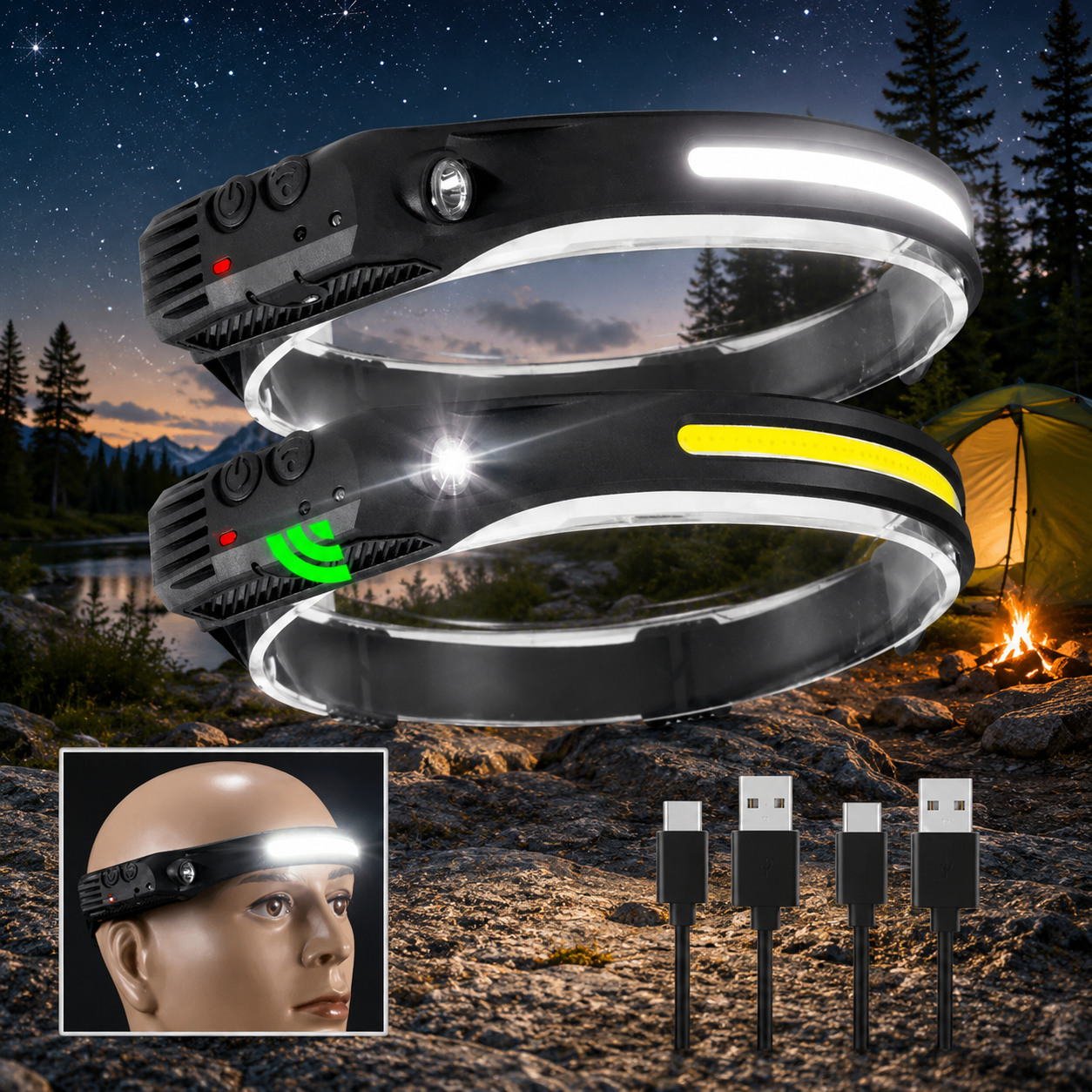 LED-Stirnlampe mit Bewegungssensor – 230° Weitwinkel & USB wiederaufladbar