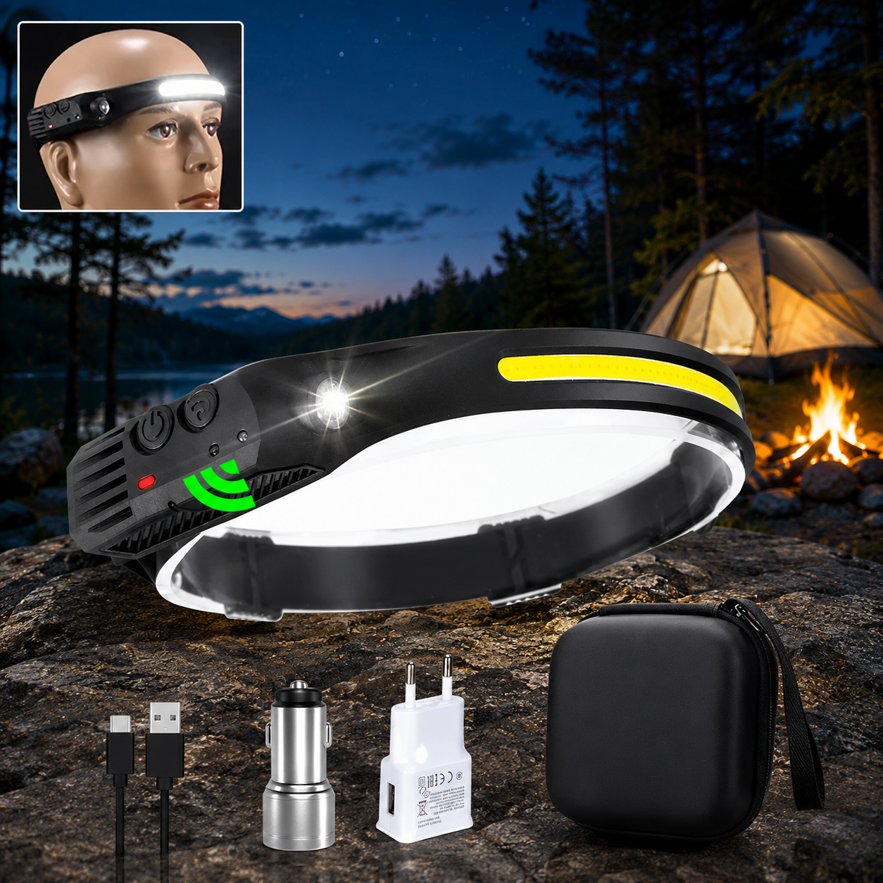 LED-Stirnlampe mit Bewegungssensor – 230° Weitwinkel & USB wiederaufladbar