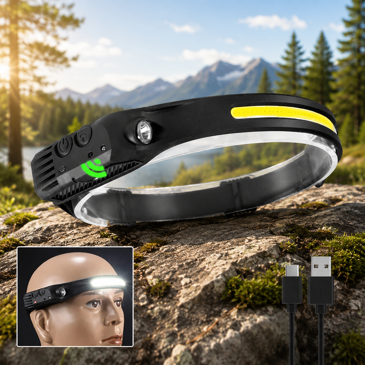 LED-Stirnlampe mit Bewegungssensor – 230° Weitwinkel & USB wiederaufladbar