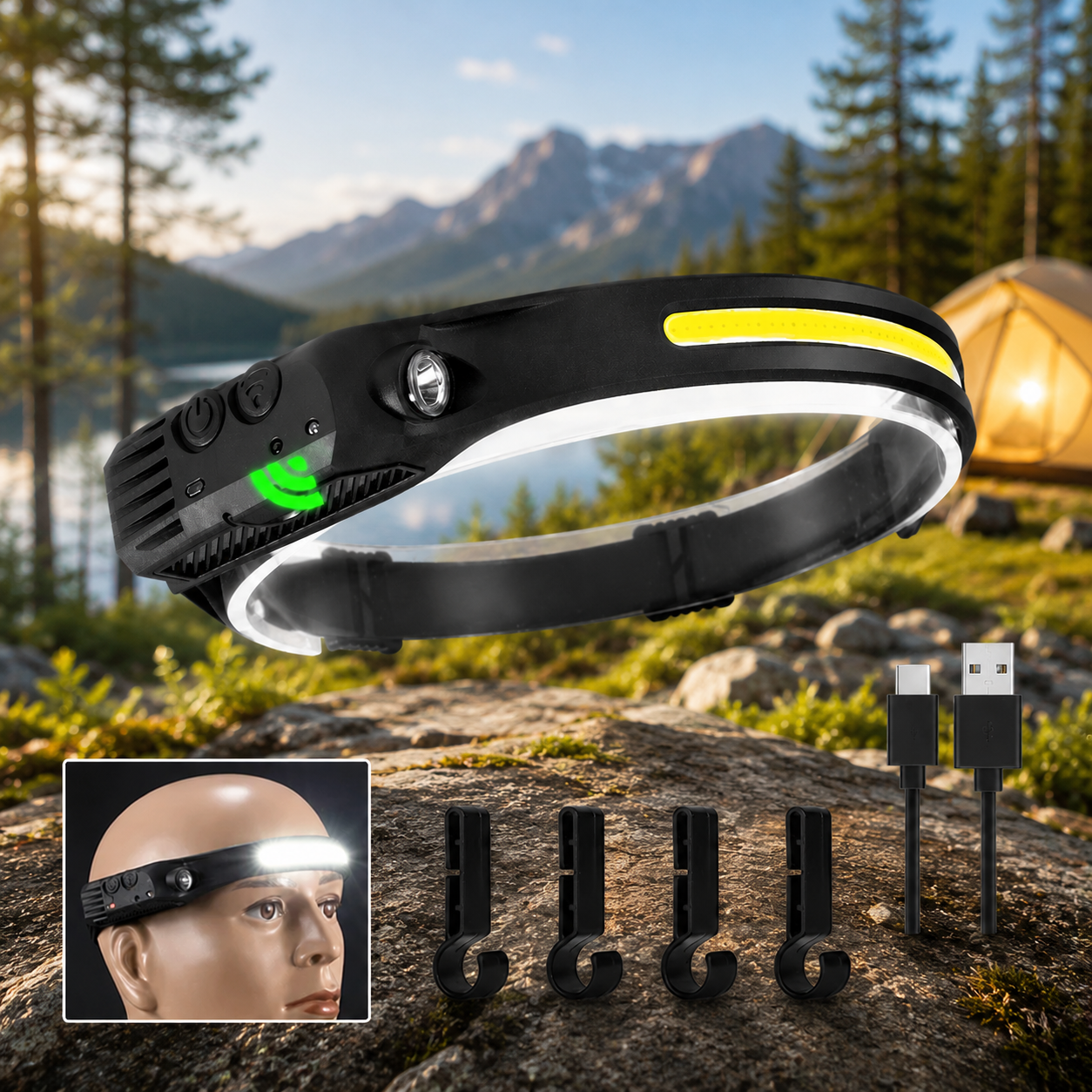 LED-Stirnlampe mit Bewegungssensor – 230° Weitwinkel & USB wiederaufladbar