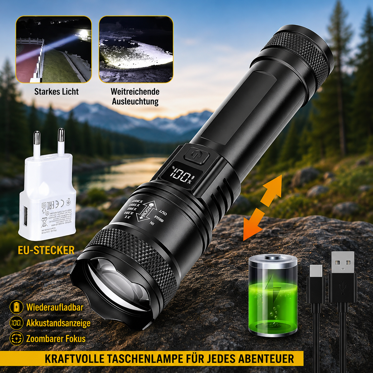 Arkenor LED-Taschenlampe mit Teleskop-Zoom