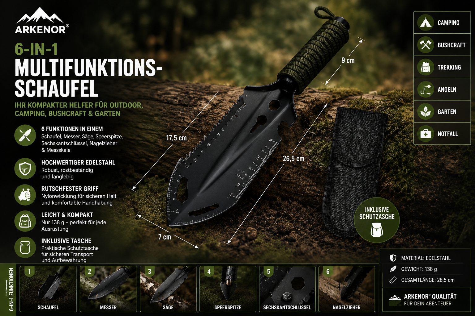 Arkenor 6-in-1 Camping- & Gartenschaufel
