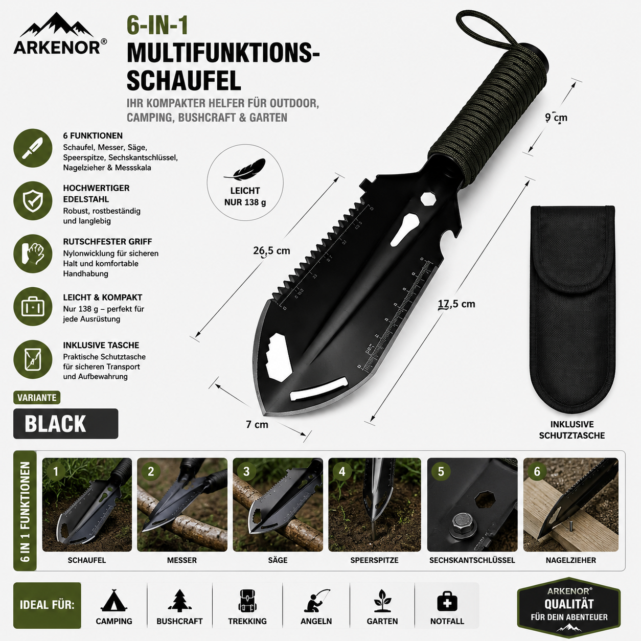 Arkenor 6-in-1 Camping- & Gartenschaufel