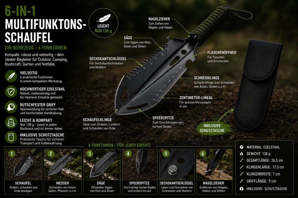 Arkenor 6-in-1 Camping- & Gartenschaufel