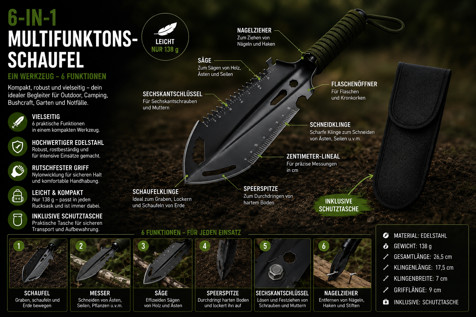 Arkenor 6-in-1 Camping- & Gartenschaufel